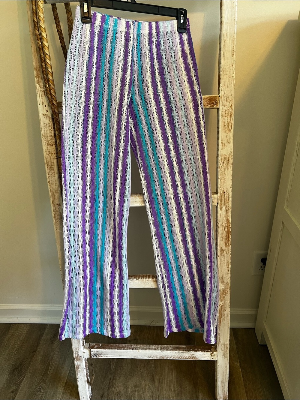 Target Striped Crochet Knit Pants in Purple, Teal & White